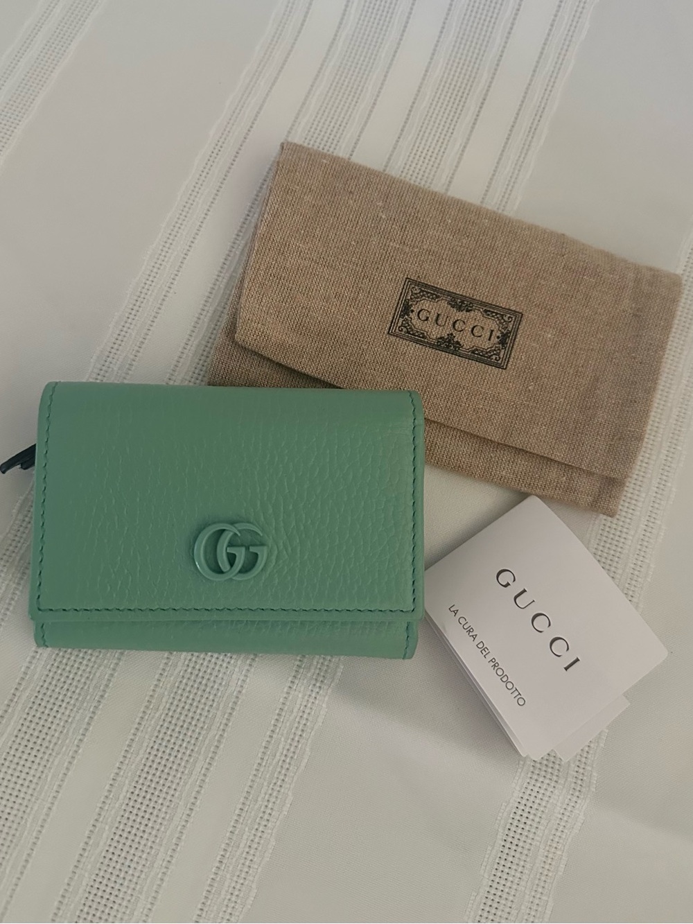 Gucci Mint Green GG Marmont Trifold Wallet